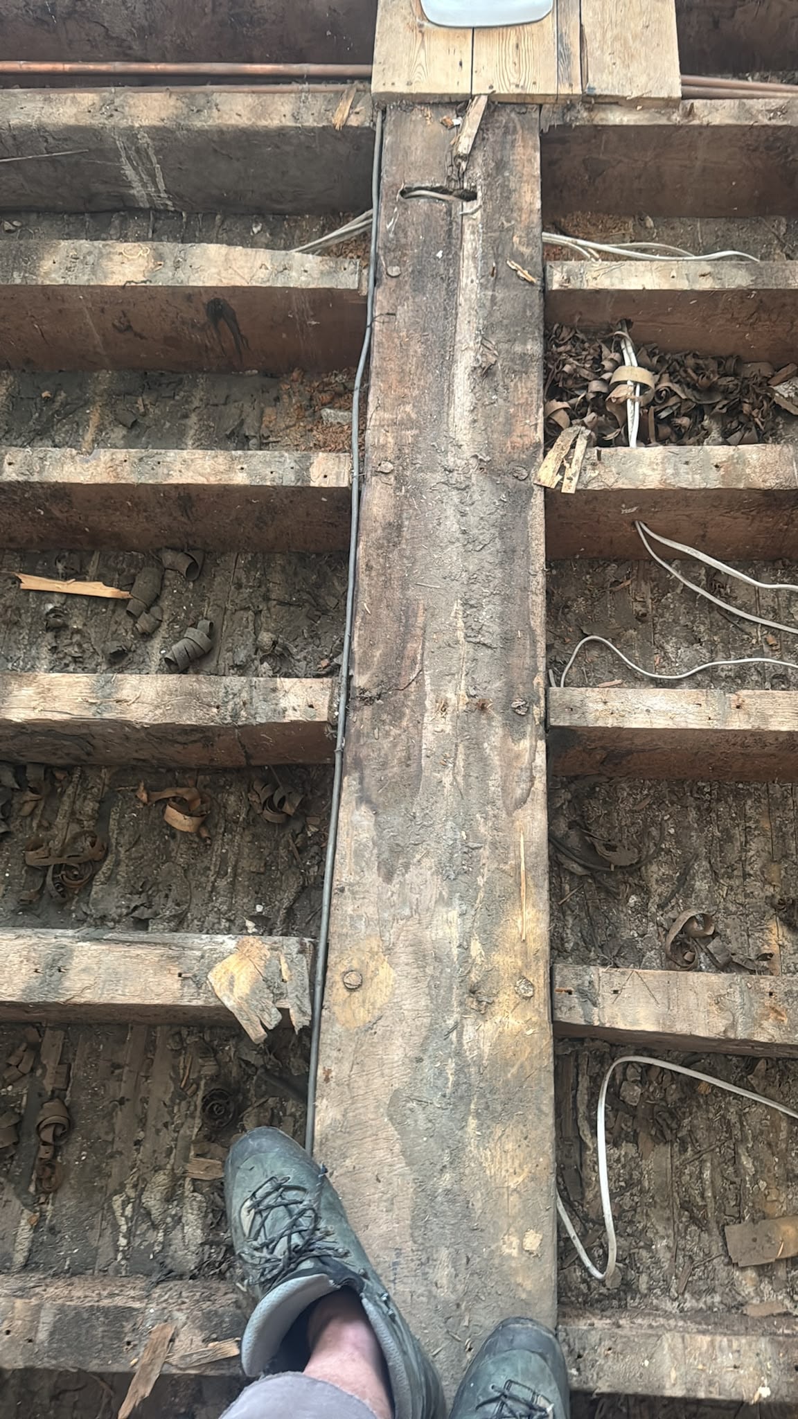 Floor structure detail during the Chertsey bathroom strip-out.