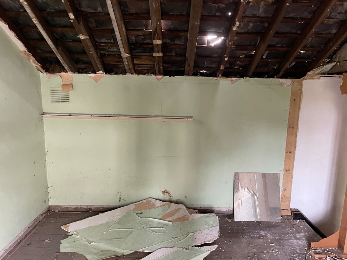 Roof strip-out underway at the Walton-on-Thames cottage.